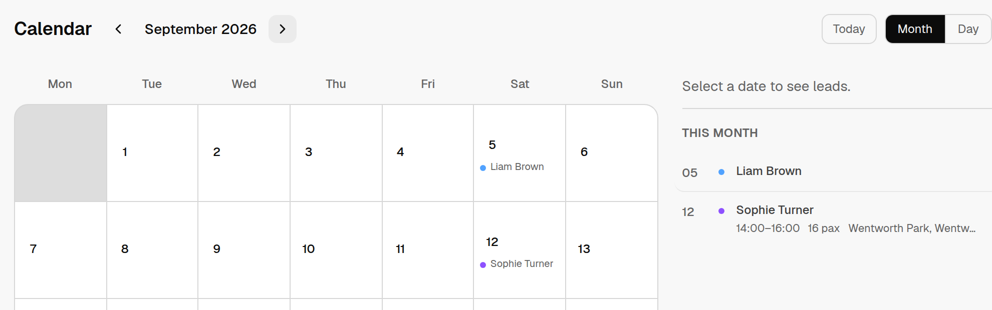 Leadesi calendar showing the confirmed booking on the staff calendar with time, group size and location