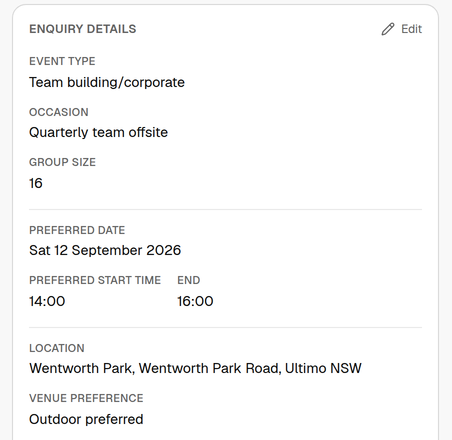 Enquiry details extracted by Leadesi: event type, occasion, group size, preferred date and time, and location