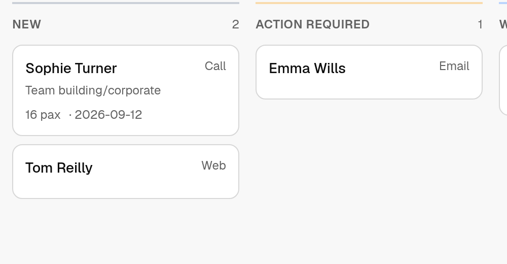 Leadesi pipeline showing a new corporate enquiry card for 16 people alongside other leads